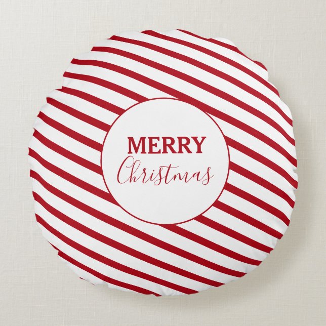 Merry Christmas Red & White Stripes Candy Cane Round Pillow (Front)