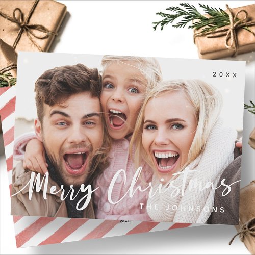 Merry Christmas Red White Stripes Modern Photo Holiday Card