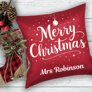 Merry Christmas Red White Trendy Custom Name Throw Pillow