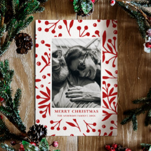 Merry Christmas. Red winter floral botanical photo Holiday Card