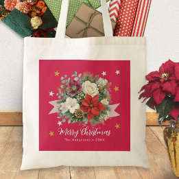 Merry Christmas Red Winter Floral Family Name Tote Bag