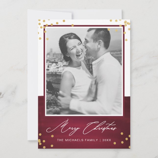 Merry Christmas Red with Faux Gold and Photo Holiday Card (Front)