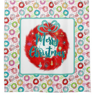 Merry Christmas Red Wreath Retro Christmas Shower Curtain