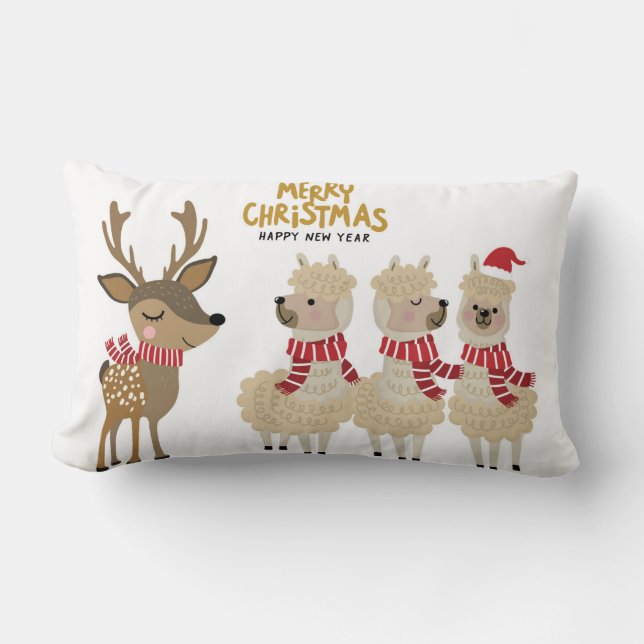Merry Christmas | Reindeer & Alpacas Lumbar Pillow (Front)