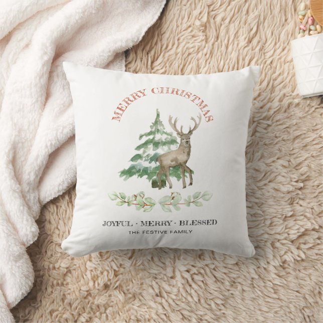 Merry Christmas Reindeer and Family Name Throw Pillow (Blanket)