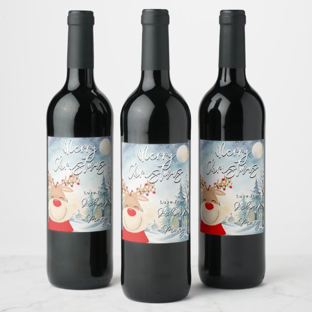 merry Christmas reindeer and lights Wine Label (Bottles)