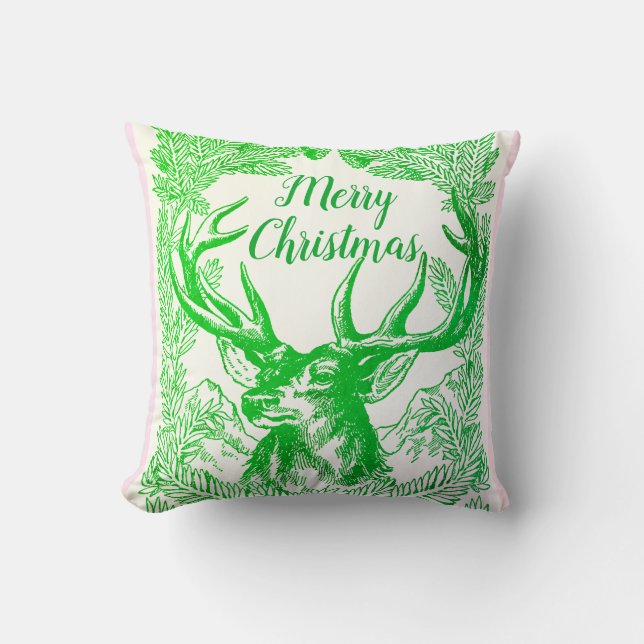 Merry Christmas Reindeer And Pine Boughs Holiday Throw Pillow (Front)