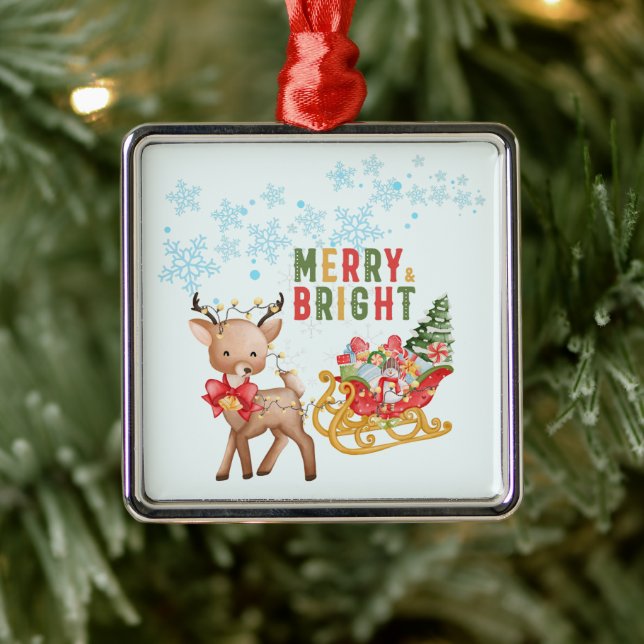 Merry Christmas Reindeer and Santa Sleigh  Metal Ornament (Tree)