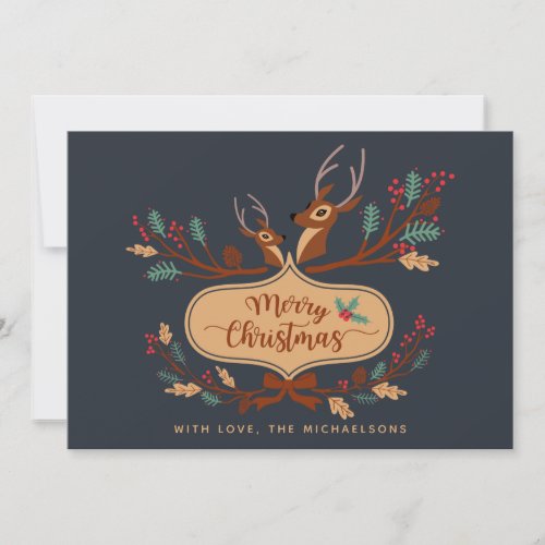 Merry Christmas  Reindeer Antlers Badge  Bow Holiday Card