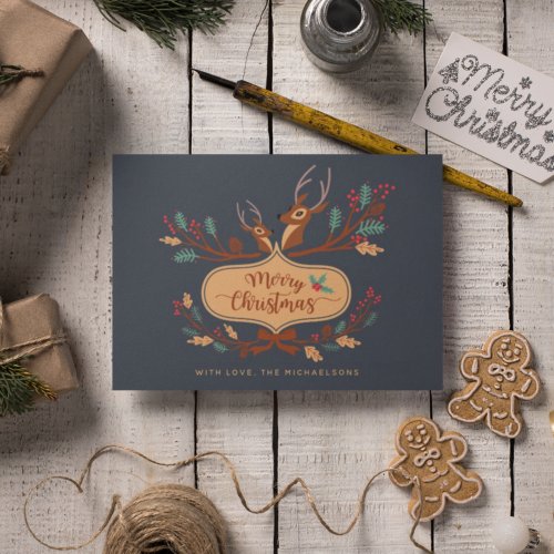 Merry Christmas  Reindeer Antlers Badge  Bow Holiday Postcard