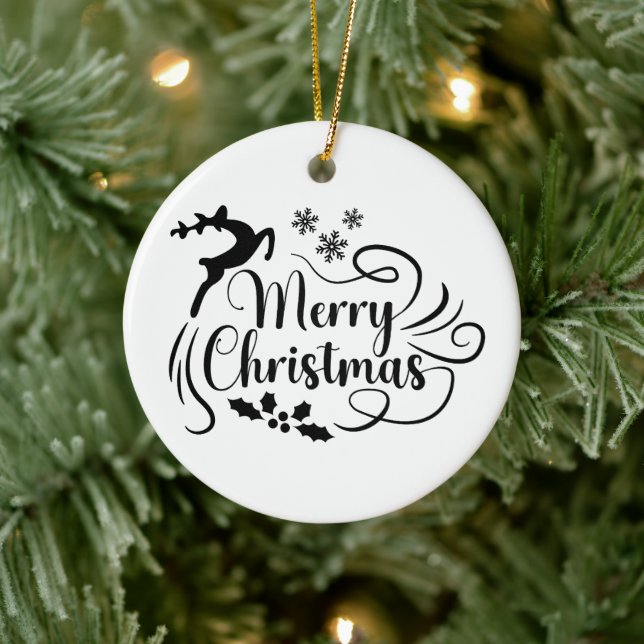 Merry Christmas Reindeer Black & White Ornament (Tree)