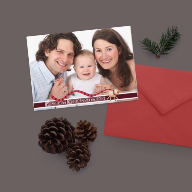 Merry Christmas Reindeer & Block Text with Photo Holiday Postcard (Creator Uploaded)