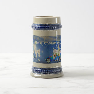 Merry Christmas Reindeer Blue Pristine Snowflakes Beer Stein