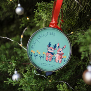 Merry Christmas – Reindeer & Bunny on Teal Metal Ornament