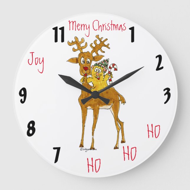Merry Christmas Reindeer Cartoon Wall Clock (Front)