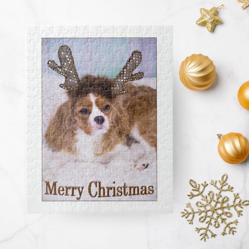 Merry Christmas Reindeer Cavalier King Charles  Jigsaw Puzzle