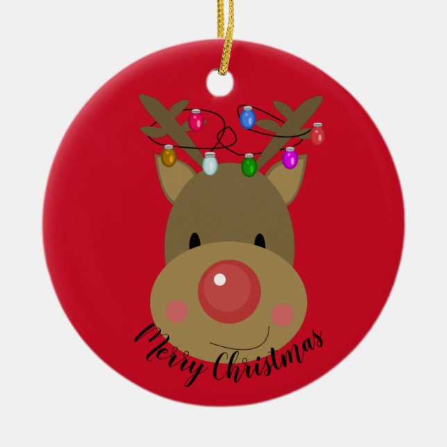Merry Christmas Reindeer Ceramic Ornament (Front)