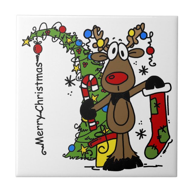 Merry Christmas Reindeer Ceramic Tile (Front)