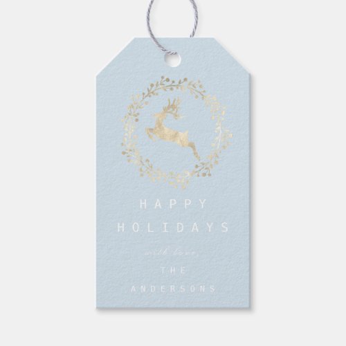 Merry Christmas Reindeer Champaigne Gold Blue Gift Tags