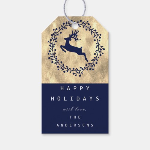 Merry Christmas Reindeer Champaigne Gold Blue Gift Tags