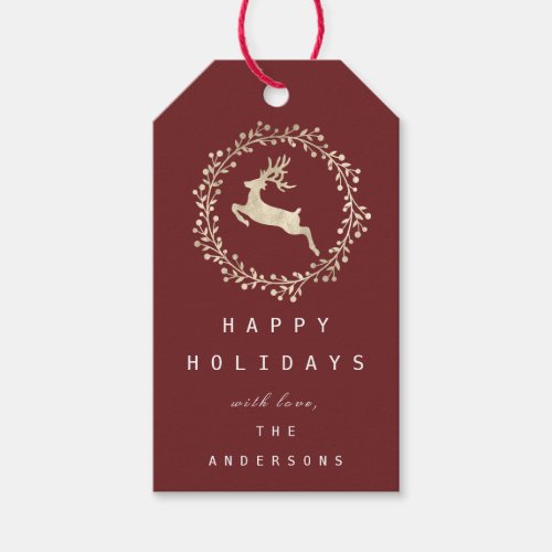 Merry Christmas Reindeer Champaigne Gold Burgundy Gift Tags