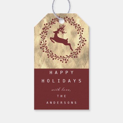 Merry Christmas Reindeer Champaigne Gold Burgundy Gift Tags