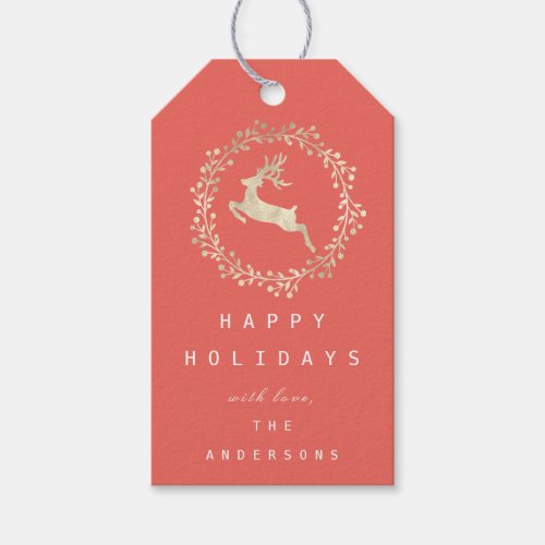 Merry Christmas Reindeer Champaigne Gold Coral Gift Tags