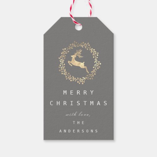Merry Christmas Reindeer Champaigne Gold Faux Gray Gift Tags
