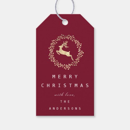 Merry Christmas Reindeer Champaigne Gold Faux Red Gift Tags