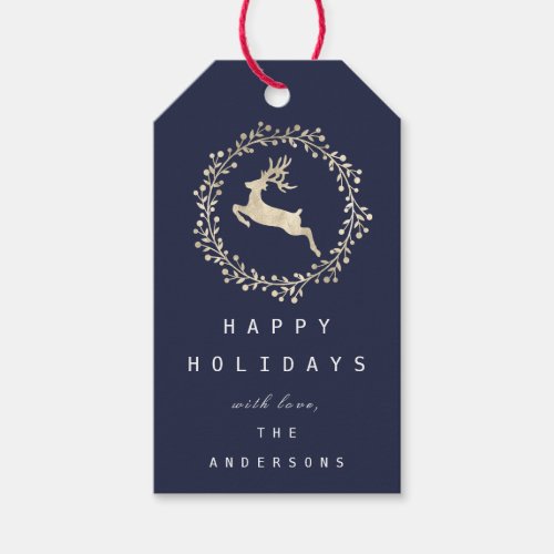 Merry Christmas Reindeer Champaigne Gold Navy Gift Tags