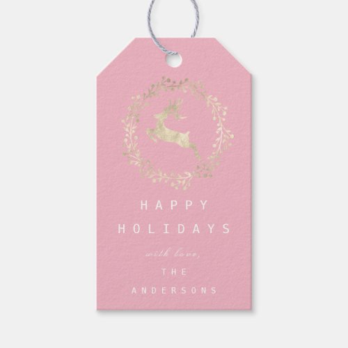 Merry Christmas Reindeer Champaigne Gold Pink Gift Tags