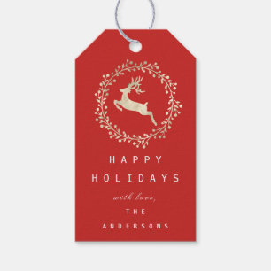 Merry Christmas Reindeer Champaigne Gold Red Gift Tags
