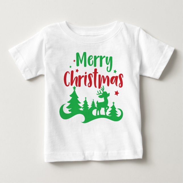 Merry Christmas, Reindeer, Christmas Tree, Stars Baby T-Shirt (Front)