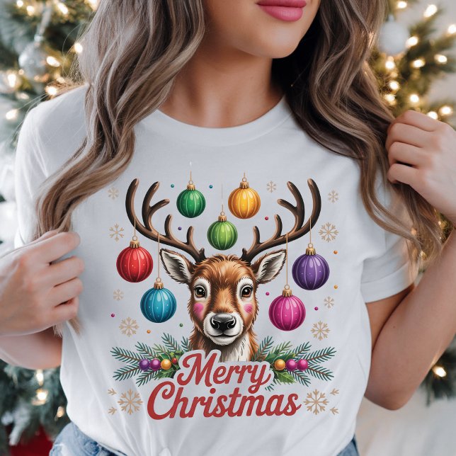 Merry Christmas Reindeer colorful baubles Holiday  T-Shirt (Creator Uploaded)