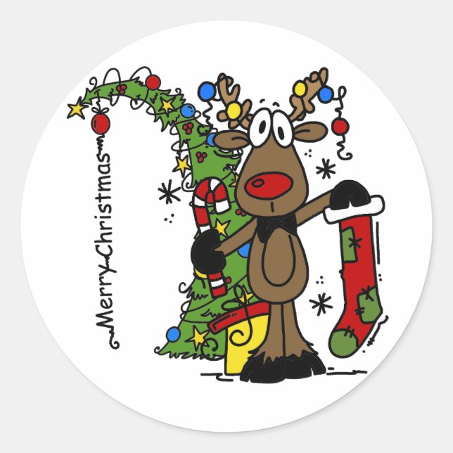 Merry Christmas Reindeer Cute Festive Holidays Classic Round Sticker (Front)