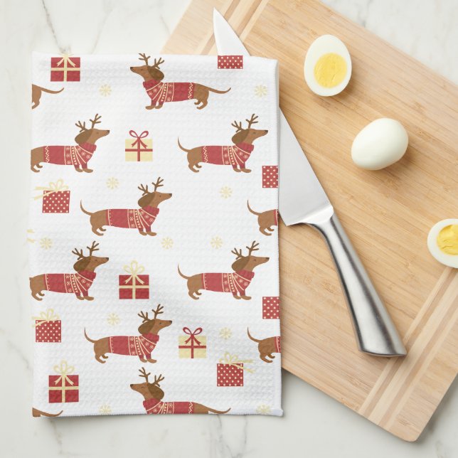 Merry Christmas Reindeer Dachshund Kitchen Towel (Quarter Fold)