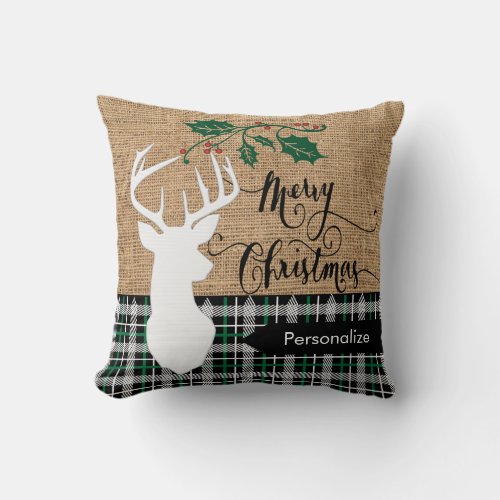 Merry Christmas Reindeer Design and Plaid Throw Pillow