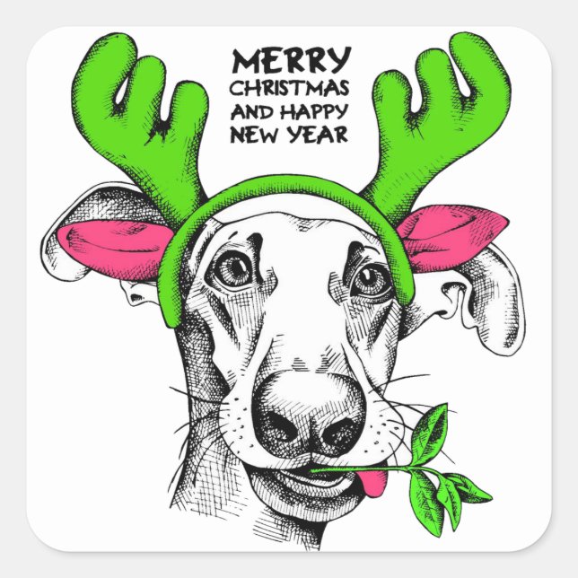 Merry Christmas Reindeer Dog | Holidays Square Sticker (Front)
