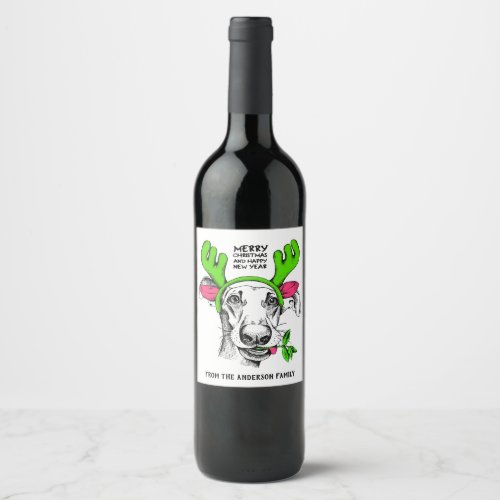 Merry Christmas Reindeer Dog Personalized  Xmas Wine Label