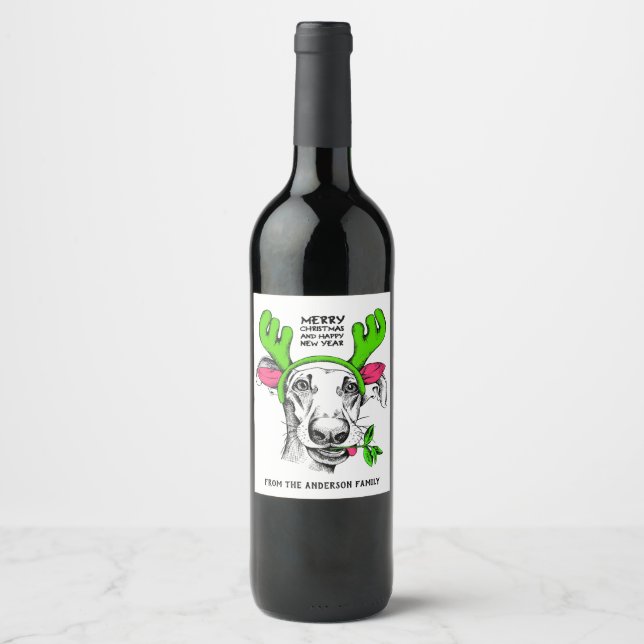 Merry Christmas Reindeer Dog Personalized | Xmas Wine Label (Front)