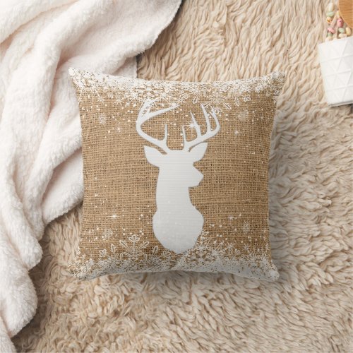 Merry Christmas Reindeer _ Faux Burlap Throw Pillow