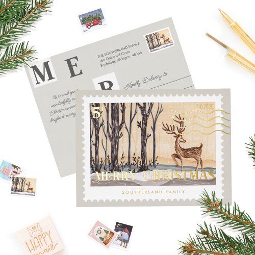 Merry Christmas Reindeer Forest Postage Stamp Foil Holiday Postcard