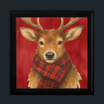 Merry Christmas Reindeer Gift Box<br><div class="desc">In this artwork, a charming Christmas reindeer takes center stage, adorned with a cozy plaid scarf that adds a touch of festive flair. The reindeer's warm, gentle eyes contrast beautifully with the intense red gouache background, which is meticulously blended using varying shades of red to create a rich, layered effect....</div>