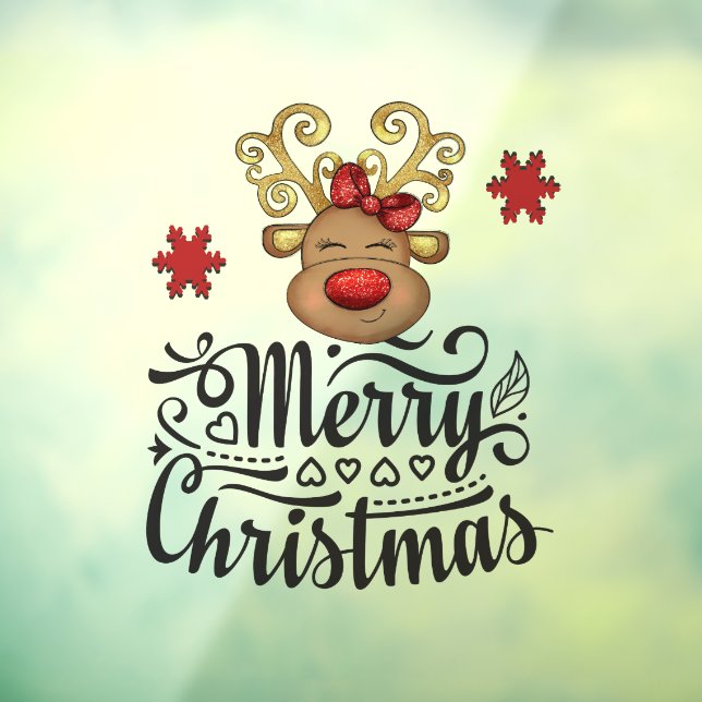 Merry Christmas reindeer glitter red nose  Window Cling (Sheet 3)