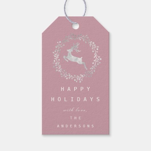 Merry Christmas Reindeer Gray Silver Grey Pink Gift Tags