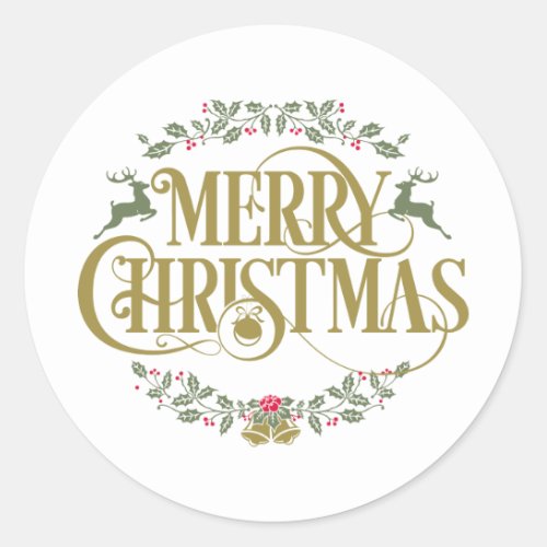 Merry Christmas Reindeer Holly Berries Classic Round Sticker