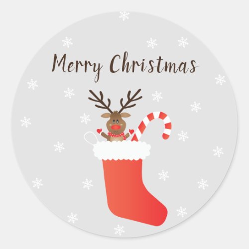 Merry Christmas Reindeer In A Stocking Candy Cane Classic Round Sticker