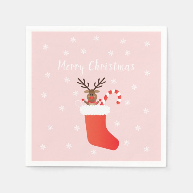 Merry Christmas Reindeer In A Stocking Red White Napkins (Front)