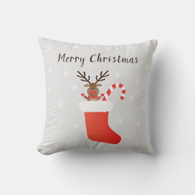 Merry Christmas Reindeer In A Stocking Red White Throw Pillow (Front)