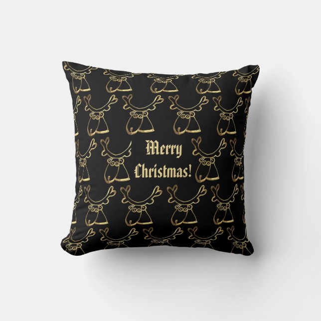 Merry Christmas Reindeer Pattern Black and Gold Throw Pillow (Front)